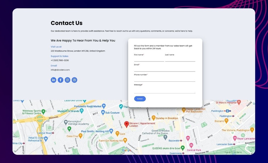 Full width Embed Google map with Contact Form & Contact details