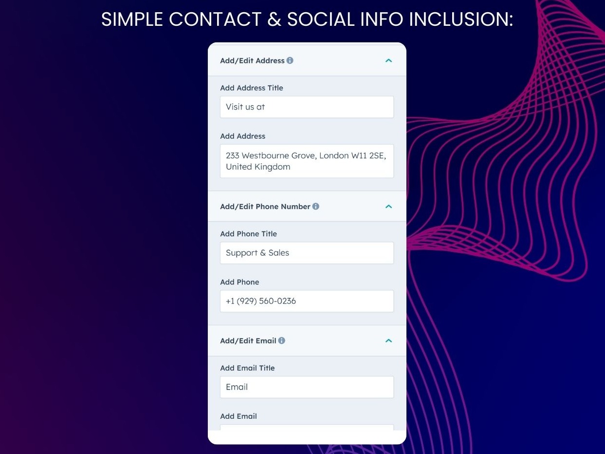 Simple Contact & Social Info Inclusion: