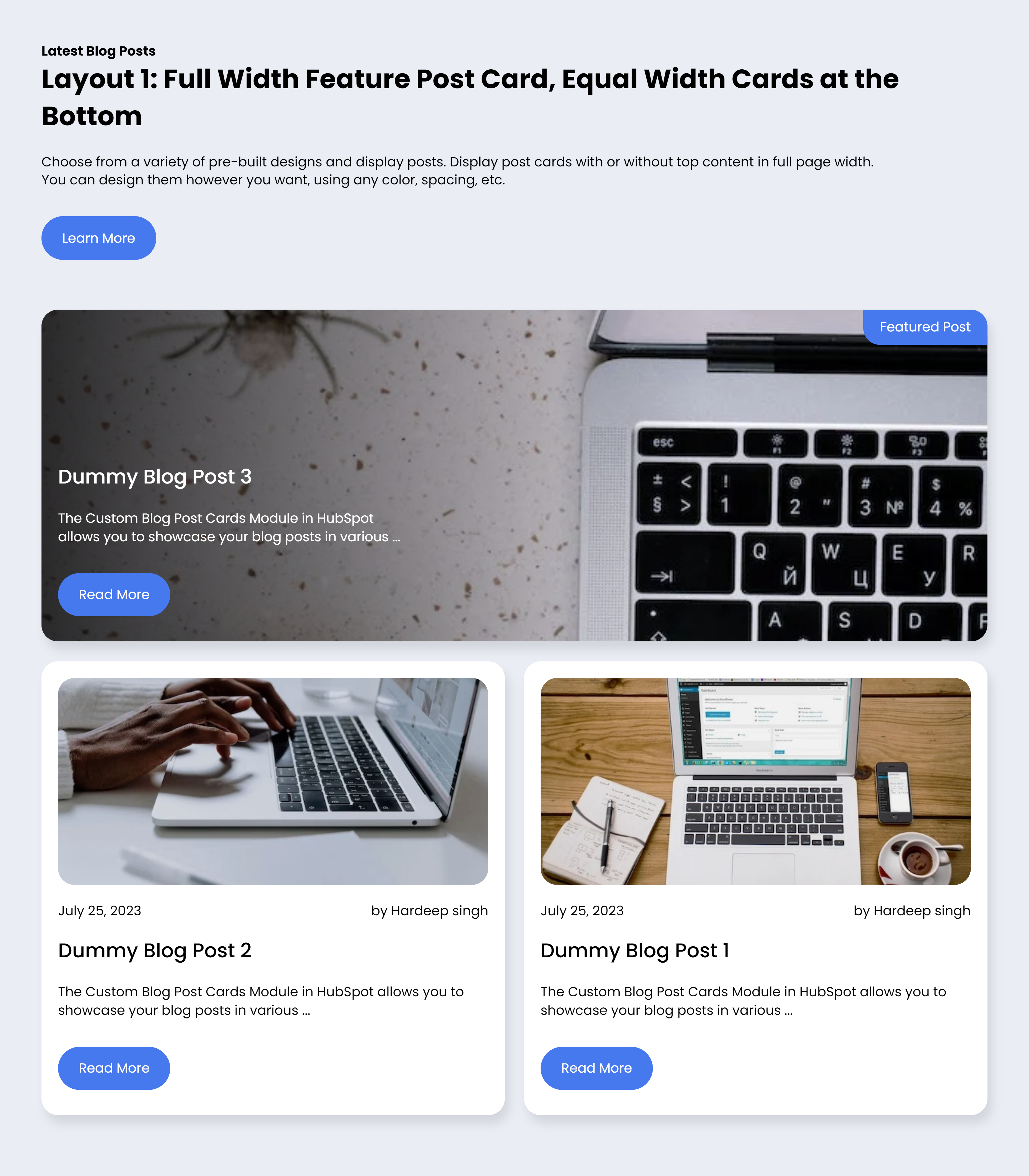 Layout 1: Featured Card with Two Supporting Cards Below